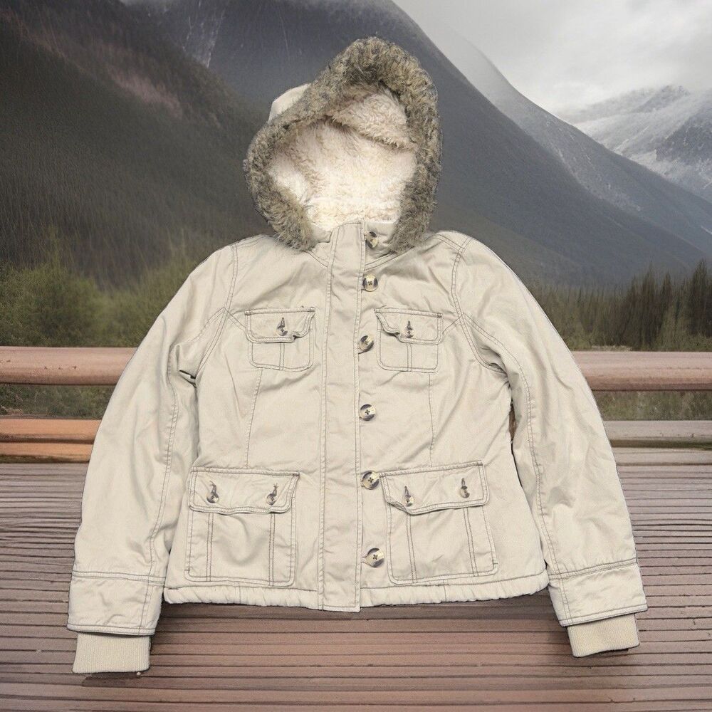 Vintage Y2K Utility Canvas Winter Jacket Tan Khaki Faux Fur Hood Fleece L Bella